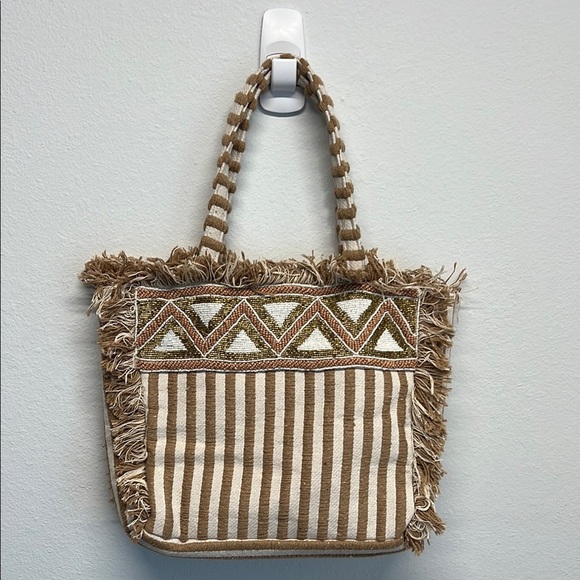 Antik Kraft 🌾 Chic Striped Beaded Tote Bag! ✨👜 - Picture 1 of 7